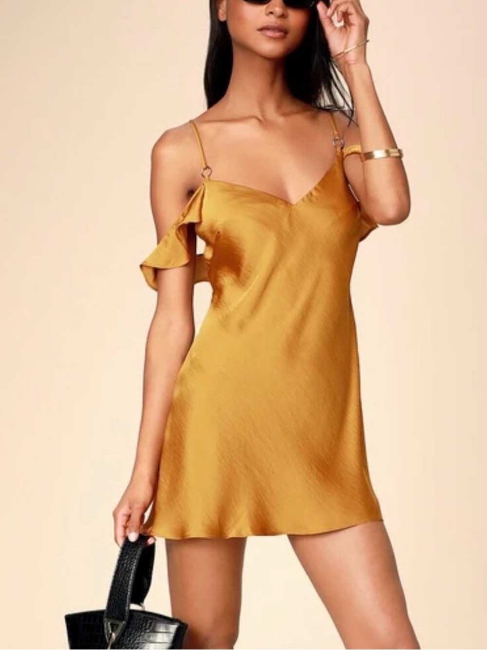 NWT Free People What I Want Golden Yellow Satin Off Shoulder Cross Back dress
